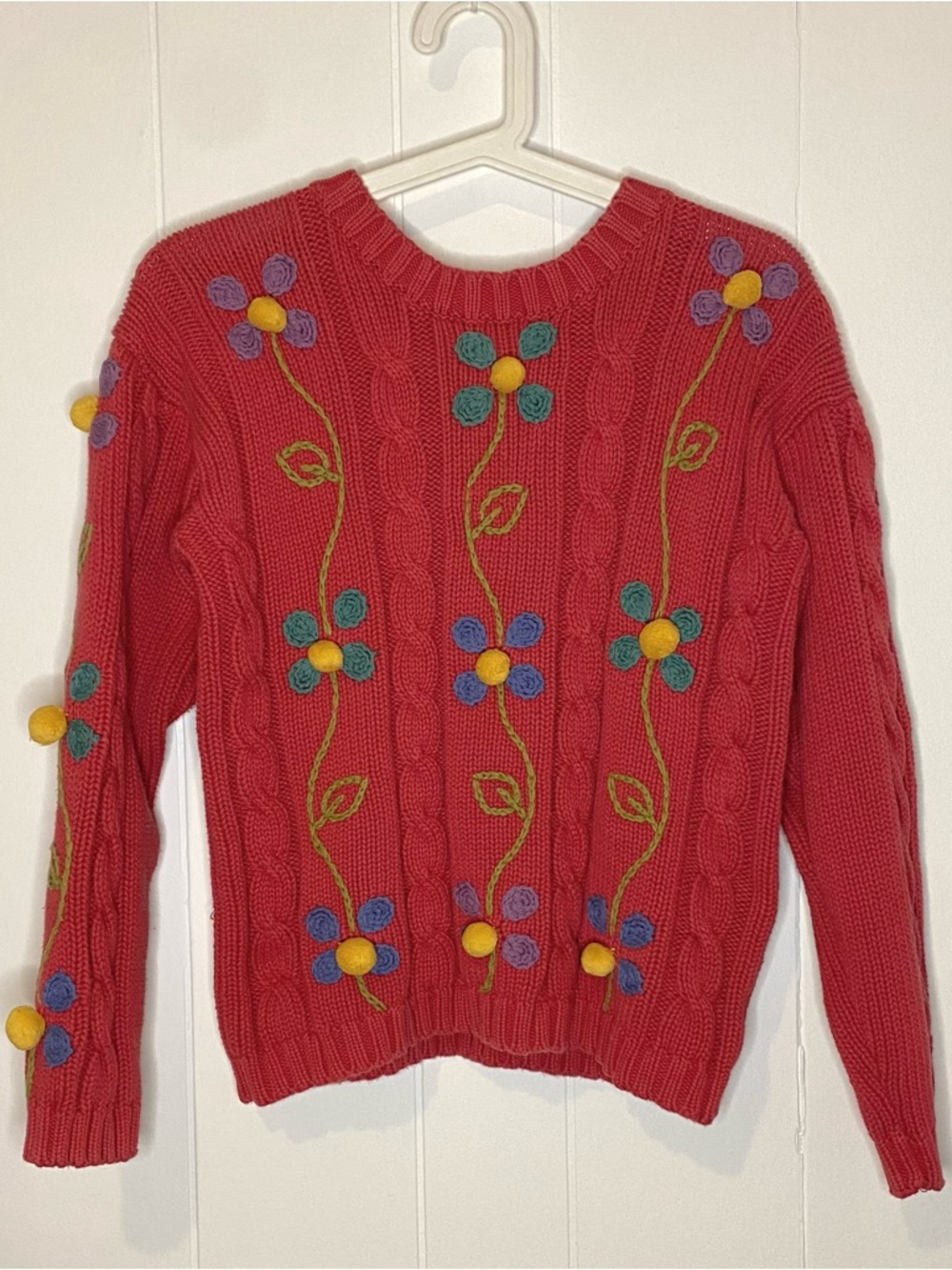 Women's Red Floral Cable-Knit Sweater with Pom poms